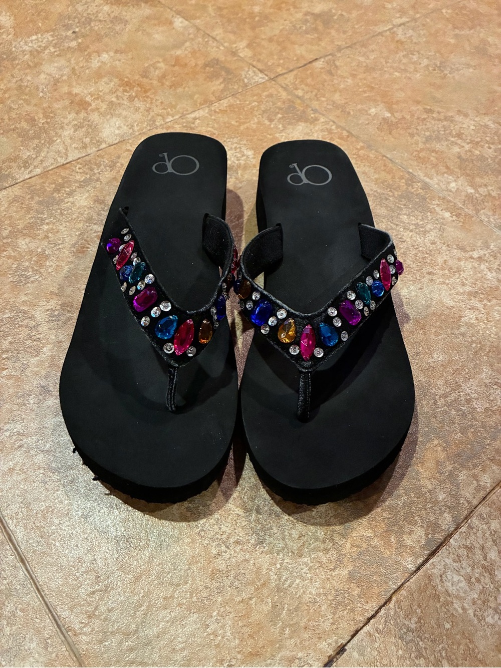 OP Black Flip Flop Sandals with Multicolor Gem Accents